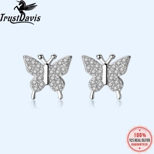 Trusta Authentic 925 Sterling Silver Sweet Insects Butterfly Zircon Stud Earrings For Women Sterling Silver Jewelry Gift DA755
