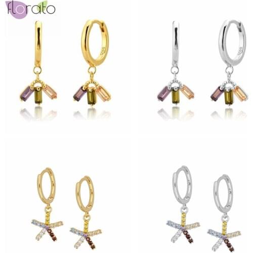 Charming 925 Sterling Silver Ear Buckle Three Zircon Purple/Green/Yellow Pendant For Women Gold Earrings Small Hoop Earings