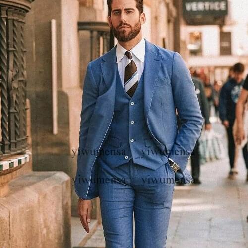 Winter Tuxedos Tweed Blue Wool Plaid Groom Blazer&Vest+Pants Custom Made Business Office Work Wear Wedding Suits Mens Jacket