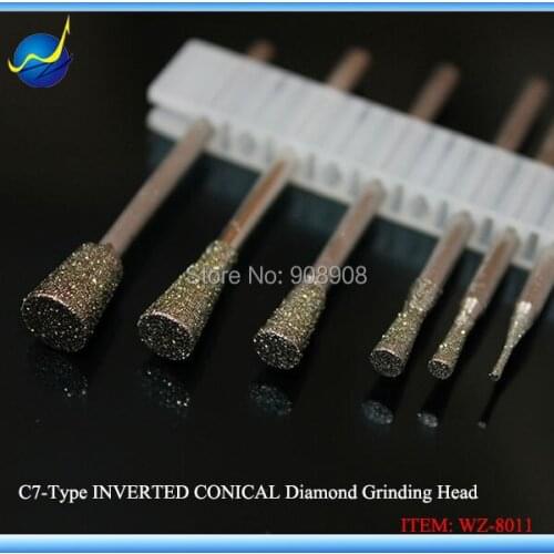 18Pcs 1.0mm to 6.0mm INVERTED CONICAL Diamond Grinding Head Tools Glass Rock Mould Needle Lapidary Carving Shank 3/32