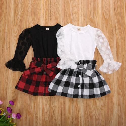 Toddler Girl 2T-6T ClothesMesh Stitching Decoration Flare Long Sleeve + Plaid Skirt 2pcs Spring Clothing
