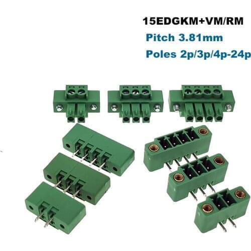 2Pcs Pitch 3.81mm Screw Plug-in PCB Terminal Block Male/female 2~10Pin Bornier Pluggable Connector 15EDGKM+VM/RM Morsettiera
