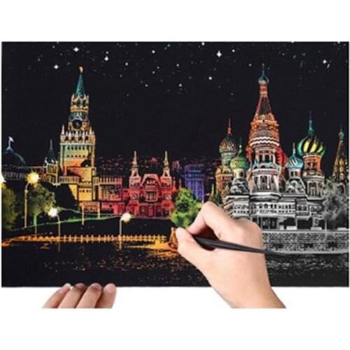 40*28.5 cm Scratch City Night View Scraping Painting Kids Urban Night View Scratch Pictures Paper Painting Birthday Gift