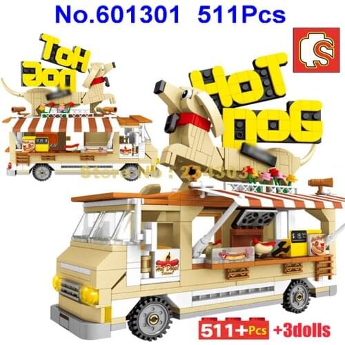 601301 511pcs Multifunctional Urban Hot Dog Van Shop Street Takeout Takeaway Car 3 Building Blocks Toy