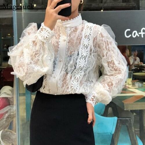 Lace Stitching White Womens Blouse Loose Long Sleeve Office Ladies Blouses See-through Button Shirts Tops Female Clothes 13339