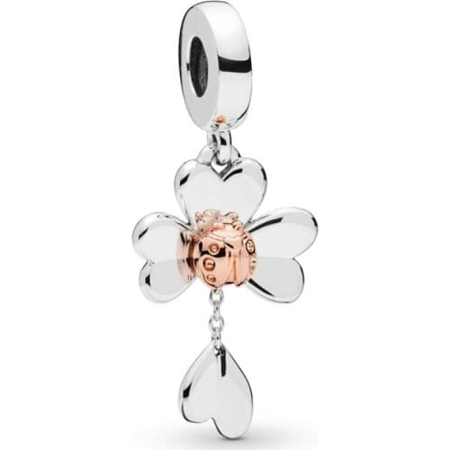 Free Shipping Authentic 925 Sterling Silver Clover & Ladybird Dangle Charm Fit Original Pandora Bracelet For Women DIY Jewelry