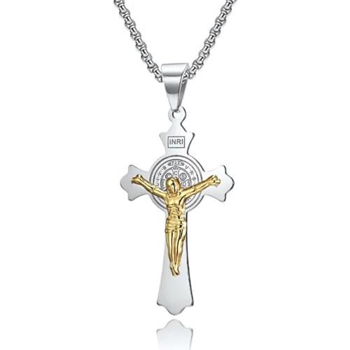 Stainless Steel Jesus Gold INRI Cross Christ Pendant Necklace Jewelry Gift For Him with Chain