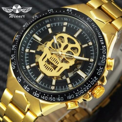 WINNER Official Hip Hop Automatic Watch Men Creative Skull Watches Stainless Steel Iced Out Skeleton Dial Mechanical Wristwatch