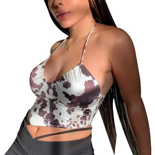 Womens Halter Crop Tops, Sexy Sleeveless Backless Solid Color/Cow Print Camisole
