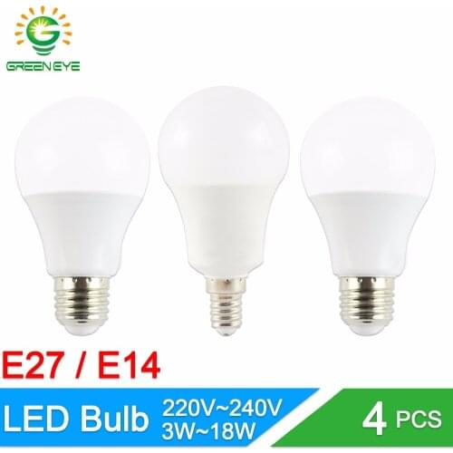 GreenEye 4pcs Led Bulb E14 E27 3W 5W 7W 9W 12W 15W AC 220V 240V Real Watt Lumiere Bombilla Lampadina LED Lamp Aluminum