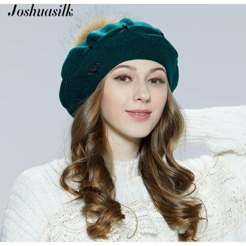 JOSHUASILK New Autumn Winter Women Hat Wool Knit Berets Caps Pinch Buckle Decoration POM Raccoon Solid Lady Caps