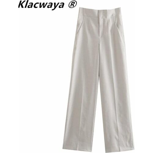 Klacwaya Za Women 2021 Fashion Office High Waist Wide leg Pants Vintage Pockets Solid Color Woman Trousers Chic Female Suit