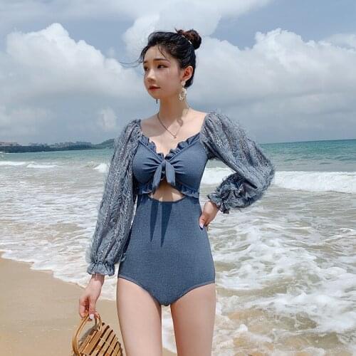 Summer Beach Plus Size Swimsuit Women One Piece Swimwear Long Sleeve Korea Style Bathing Suit 2021 Female Sexy Mayo Polyester