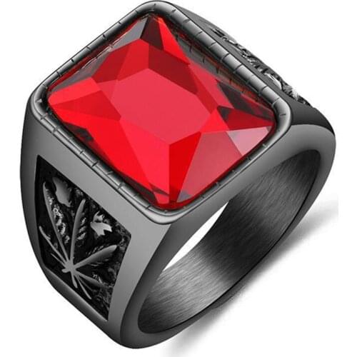 Marcatsa Hip Hop Leaf Men Ring 316L Stainless Steel Black/Red Crystal Stone Mens Rings Rock Fashion Male Gothic Boho Jewelry