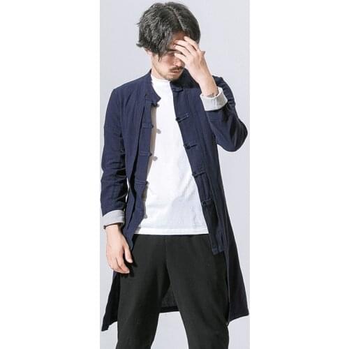 Mens Spring Autumn Long Trench Cotton Linen Solid Thin Jackets Kung Fu Tai Chi Costume Male Traditional Chinese Clothing CN-113