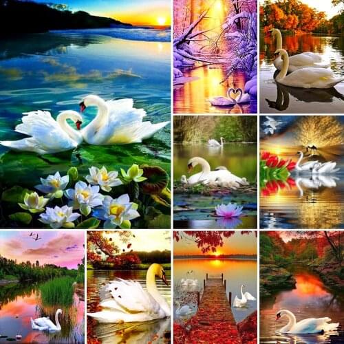 5D DIY Diamond Painting Swans Landscape Corss Stitch Kit Full Drill Embroidery Mosaic Art Picture Of Rhinestones Home Decoration