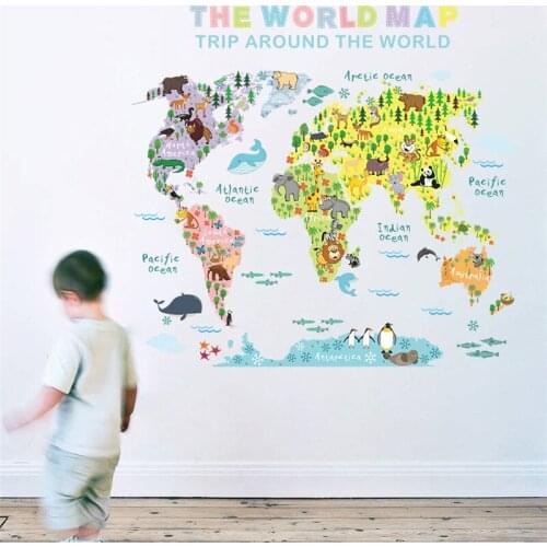 1PCS Color World Animal Map Wall Sticker For Kids Living Room Bedroom Kindergarten School ROOM DECOR 50*70CM