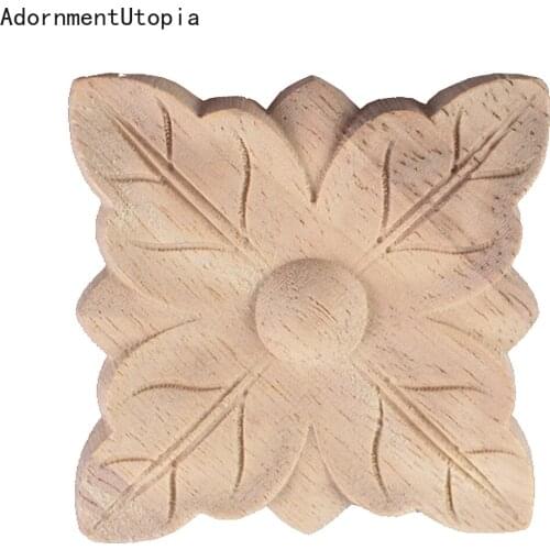 Natural Wood Appliques Square Flower Carving Decals Decorative Wooden Mouldings for Cabinet Door Furniture Decor Craft 7/8/10cm