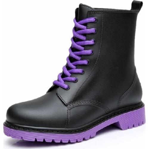 New Womens Rainboots Waterproof Shoes Woman Mud Water Shoes Rubber Lace Up Ankle Boots Sewing Solid Fashion Rain Boots