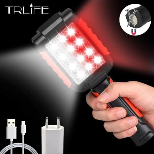 New Upgrared Managetic USB Rechargeable LED Flashlight Work Inspection Light Torch 12SMD+9 Red LED Lanterna Hanging Hook Lamp