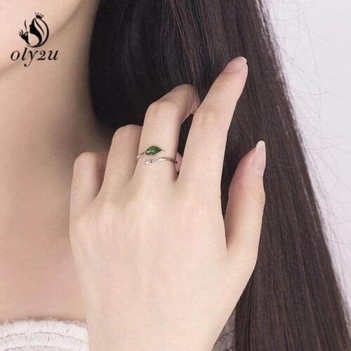 Oly2u Boho Christmas Gift Finger Ring Green Lacqure Leaves Rings For Women Wedding Engagement Jewelry accessories S