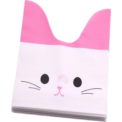 Wholesale 50pcs/lot Pink Cute Rabbit Ear Biscute Cookies Packaging Bags With Lovely Kitty New Year Gift Bags For Candy