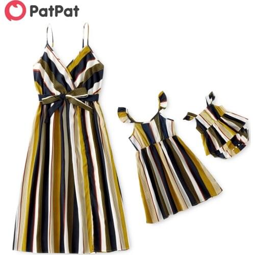 PatPat Stripe V Neck Sling Dresses for Mom and Me