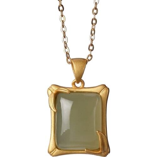 S925 sterling silver gold plated Hetian gray jade set chain vintage bamboo leaf ladies clavicle chain necklace pendant