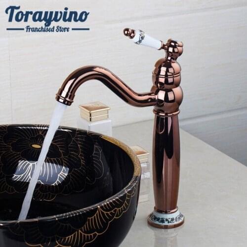 Retro Bathroom Mixer Rose Gold Polished Antique Brass Basin Sink Swivel Spout Ceramic Banheiro Torneira Mixer Tap Faucet