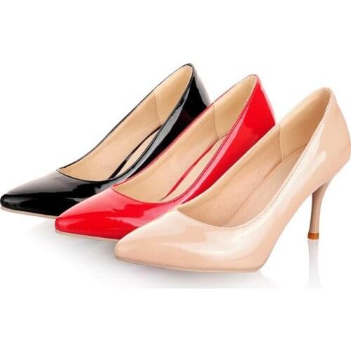 Womens work shoes pointed toe 8cm high heel dress shoes bright leather thin heel shallow mouth multi-color fashionable shoehs