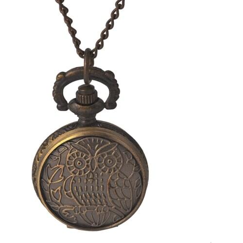 Vintage Owl Quartz Pocket Watch with Embossed Owl Classic Pattern Bronze Pocket Watch with Necklace on Both Sides