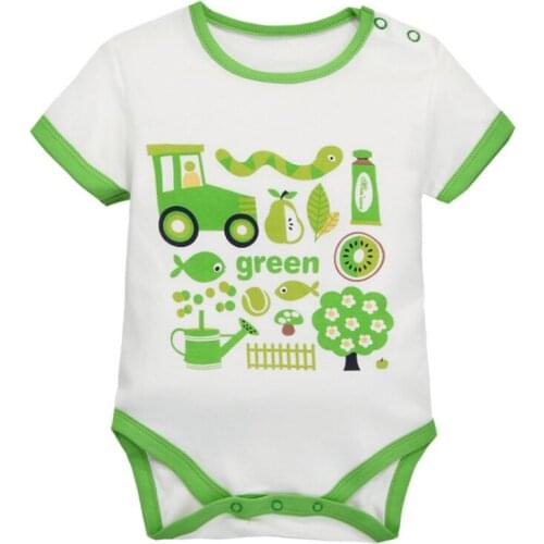 Y421 Summer new short-sleeved shoulder buckle color series jeans pure cotton baby clothes green tractor baby Bodysuits clothes