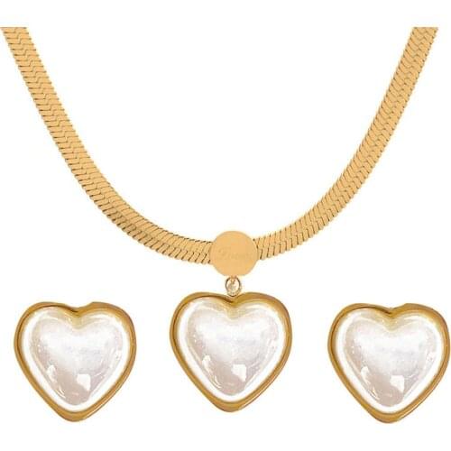 316L Stainless Steel Love Pearl Necklace Earring Set Snake Bone Chain Titanium Steel Gold Heart-shaped Jewelry Set No Fade