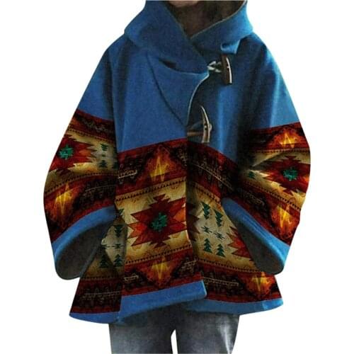 Women Batwing Sleeve Ethnic Print Hooded Baggy Coat Toggle Horn Jacket Overcoat