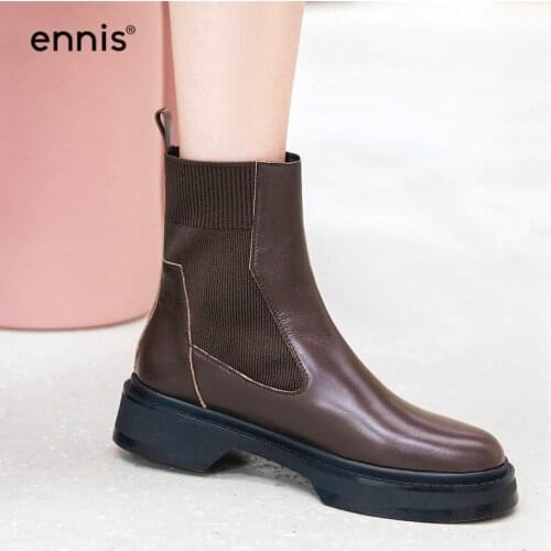 ENNIS Women Ankle Boots Platform Thick Bottom Chelsea Boots Genuine Leather Boots Low Heel Slip On Martin Shoes Brown 2020 A0083