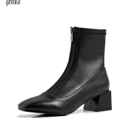 QZYERAI New style Genuine leather Chelsea boots Womens boots Autumn and winter Female boots socks Womens shoes