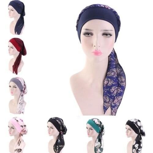 Women Summer Headscarf Muslim Hat Hijab Flower Print Turban Head Cover Beanies Scarf Wrap Pre-tied Bandana Fashion Hot Chemo Cap
