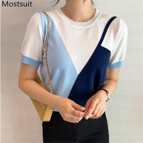 Summer Korean Color-blocked Knitwear Pullover Women Short Sleeve O-neck Tops Korean Fashion Vintage Jumpers Femme 2021