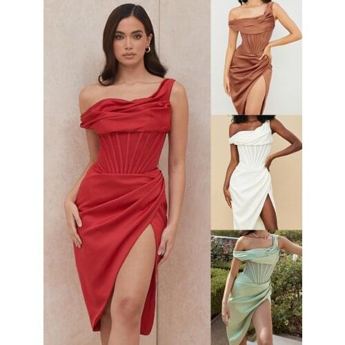 2021 New Fashion satin house of cb Red Asymmetric Drape Midi Corset Dress Womens Party Dresses