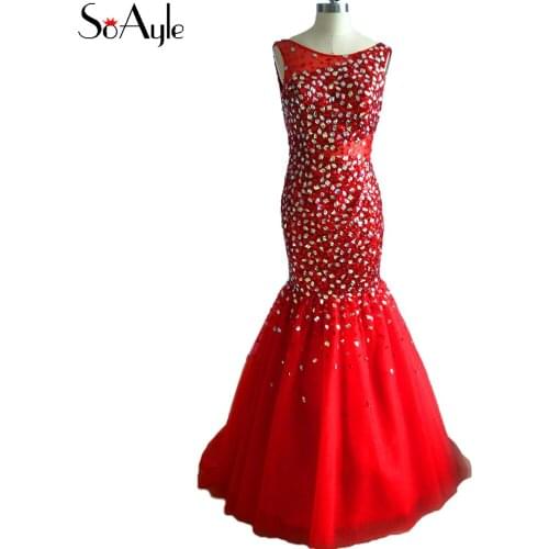 SoAyle Mermaid Luxury Beading Crystal Elegant Long Evening Dresses Real Photo Vestidos De Festa 2018 Robe De Bal Red Dress