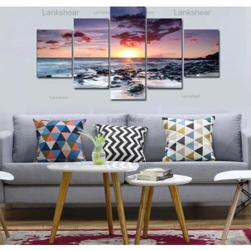 5 Pieces Abstract Setting Sun and The Sea Painting Print Posters Canvas Prints Seascape Wall Art Pictures Home Decor No Framed