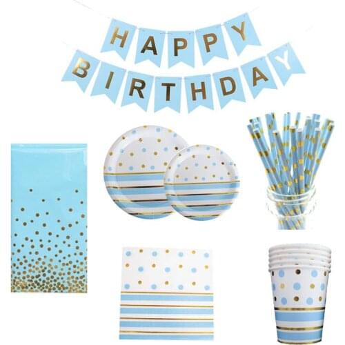 74Pcs Blue Polka Dot Stripe Birthday Party Decorations Baby Shower Tableware Disposable Cups Plates Banners Napkins Tablecloths