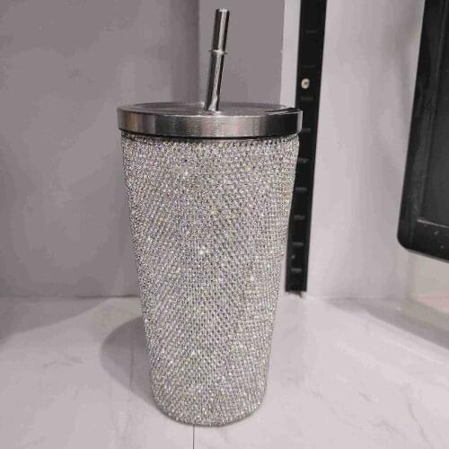 Diamond water bottle stainless steel vacuum flask thermos glass shiny straw water bottle tumbler mug travel kawaii coffee cup