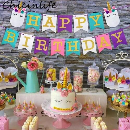 Chicinlife 15Pcs Unicorn Party Decoration Happy Birthday Banner Baby Shower Kids Favors Boy Girl Birthday Party Bunting Supplies