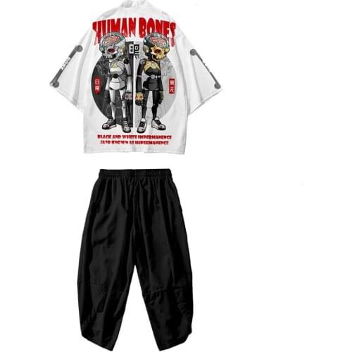 New Fashion Prajna Evil Ghost Series Skeleton Bone Boy Black and White Impermanence Mens Seven-point Sleeve Cardigan Robe