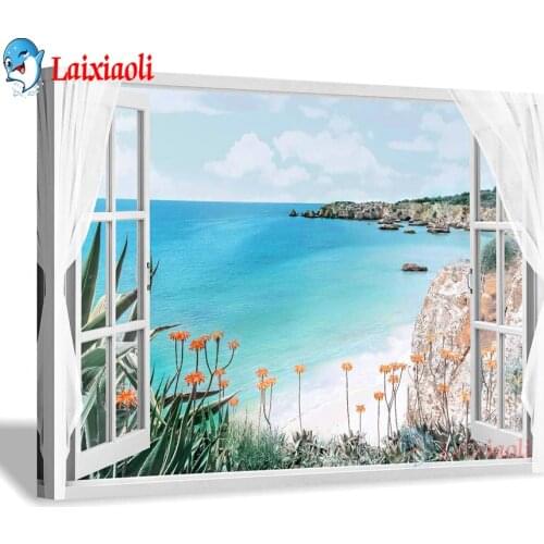 Window Sea Picture Open Window into Blue Ocean with Beach 5D DIY Full Diamond Painting Mosaic Embroidery Cross Stitch Home Decor