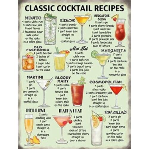 CLASSIC COCTAIL RECIPES RETRO METAL TIN SIGN POSTER WALL PLAQUE