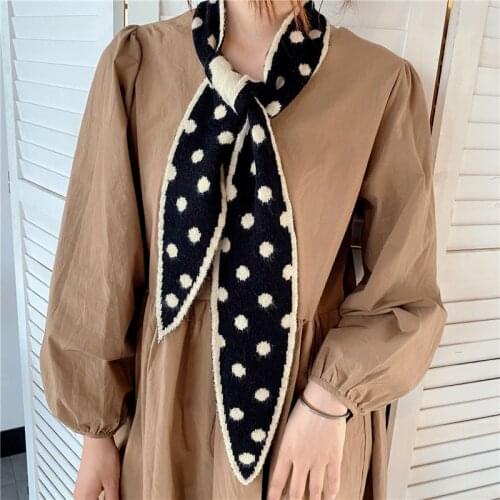 Korean Female Slender Narrow Polka Dot Double Layer Knit Wool Warm Scarf Winter Sharp Corner Cross Elastic Neck Guard Scarve O60