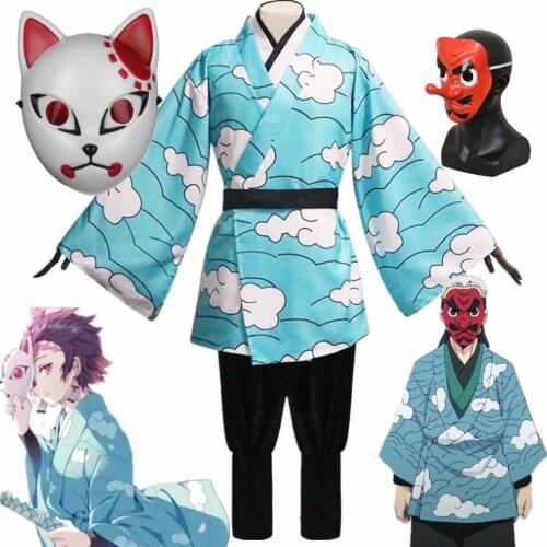 Anime Demon Slayer Kimetsu no Yaiba Kamado Tanjirou Urokodaki Sakonji Cosplay Costume Helloween Party Sky Blue Kimono Uniform