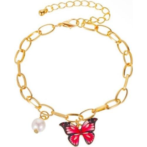 Colorful Butterfly Pendant Bracelet Bangle For Women Girl Imitation Pearls Thick Chain Bracelet Punk Bff Fashion Party Jewelry